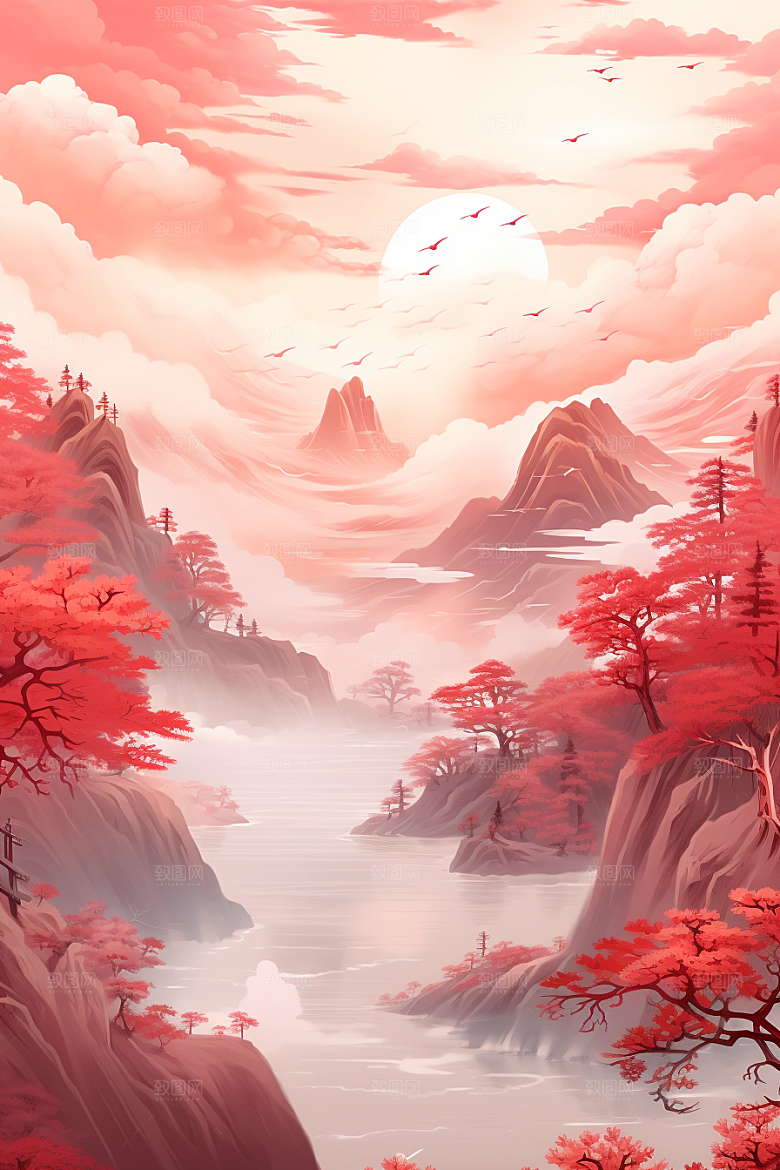中国红山水艺术风光插画