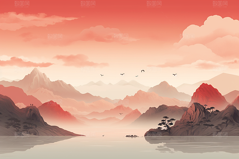 中国红山水手绘水墨插画