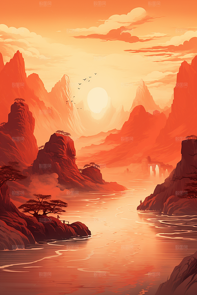 中国红山水手绘新中式插画