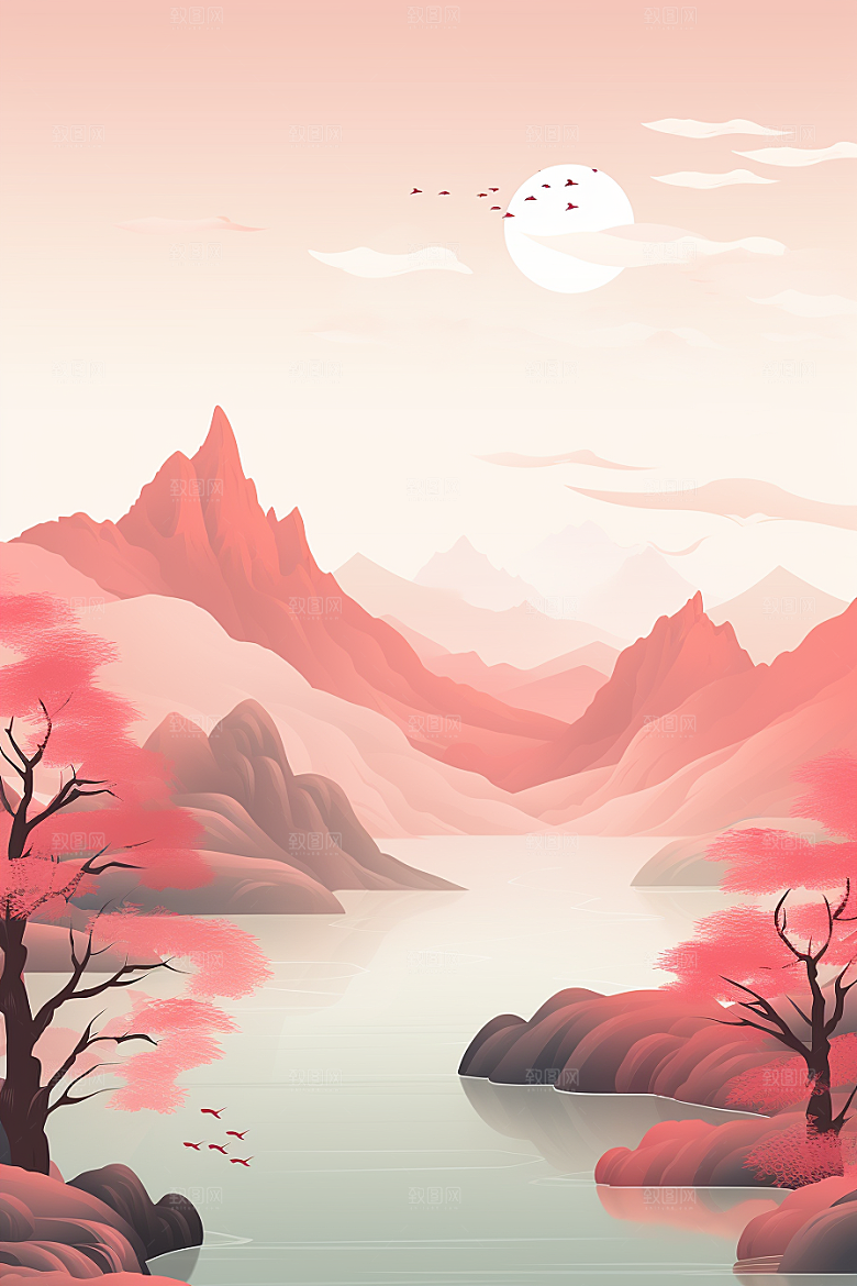 中国红山水风光手绘插画