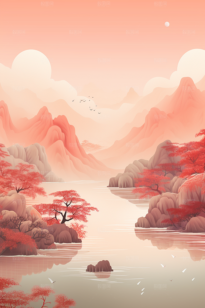 中国红山水新中式风光插画