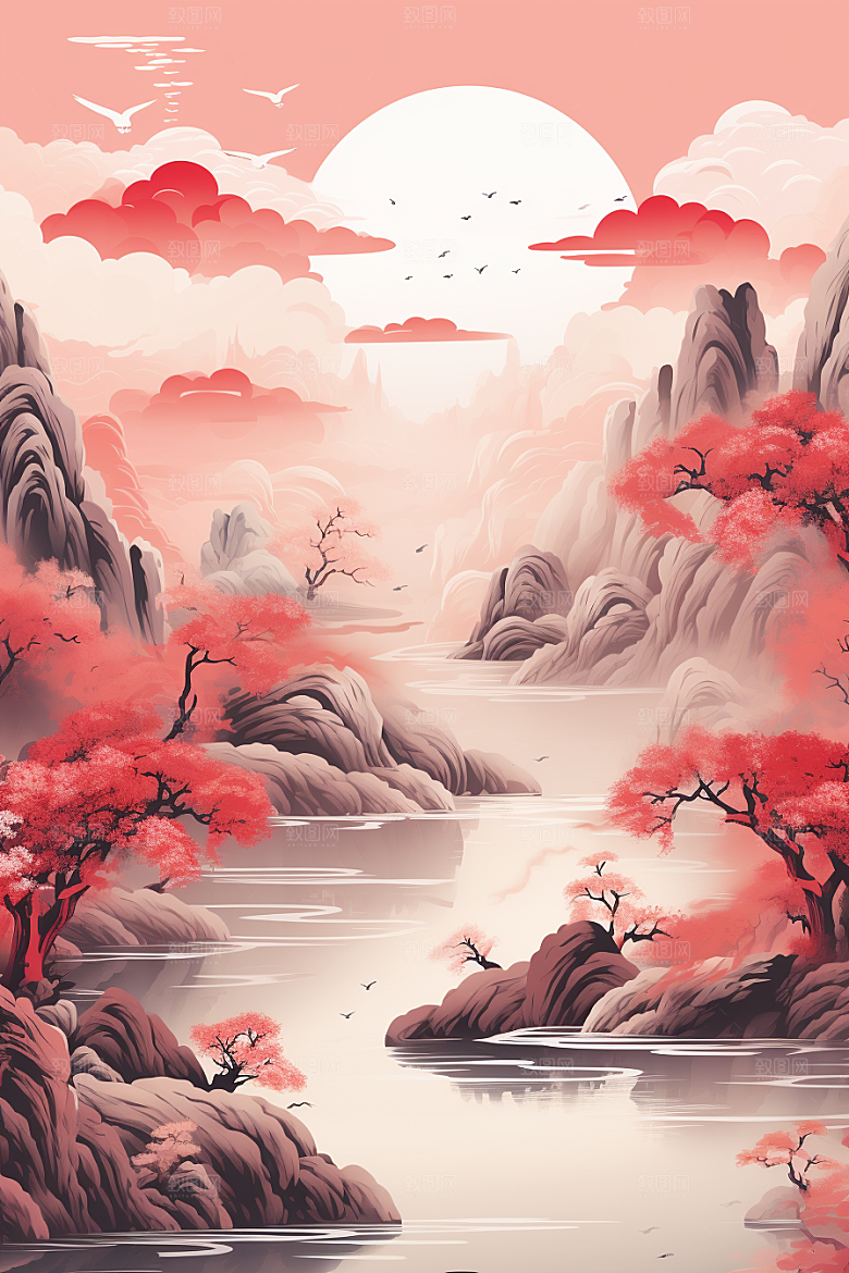 中国红山水手绘风光插画