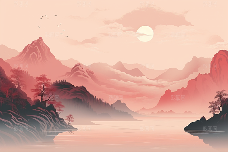 中国红山水水墨手绘插画