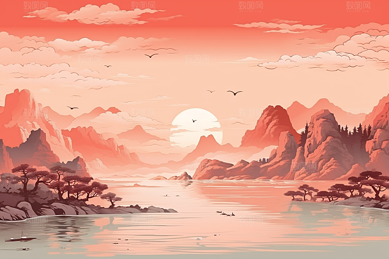中国红山水红色风光插画