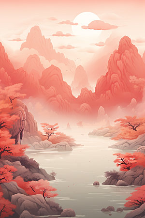 中国红山水红色艺术插画