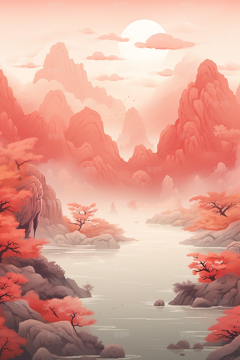 中国红山水红色艺术插画