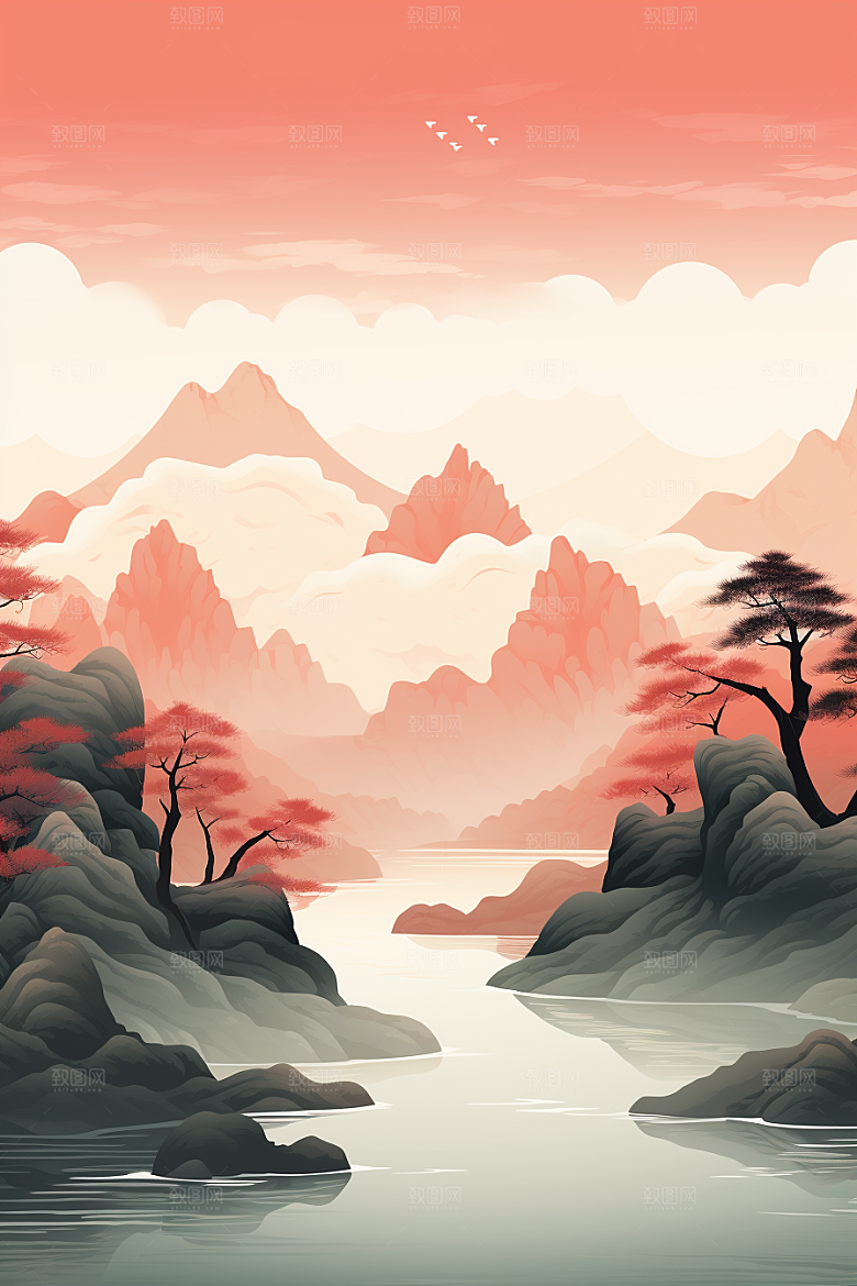 中国红山水国画艺术插画