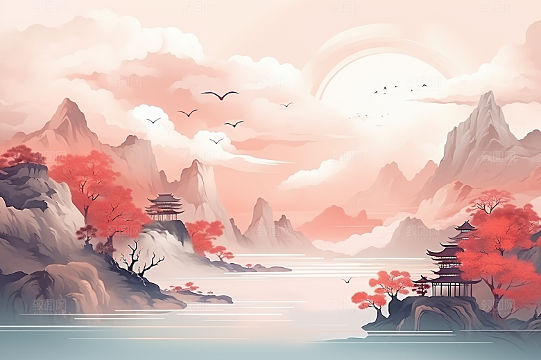 中国红山水红色新中式插画