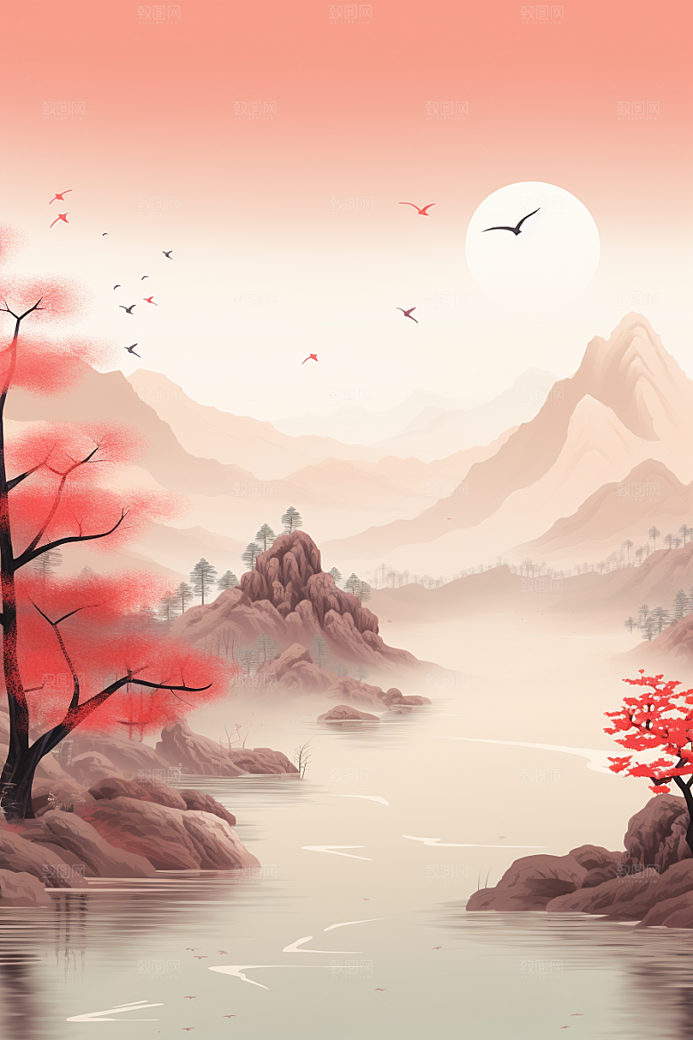 中国红山水艺术风光插画