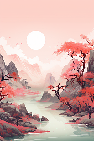 中国红山水红色手绘插画
