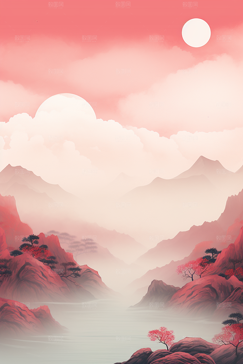 中国红山水新中式风光插画