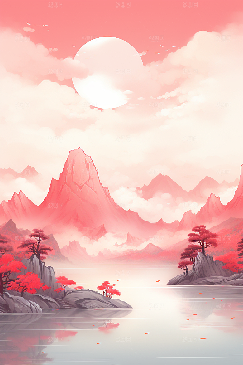 中国红山水新中式国画插画