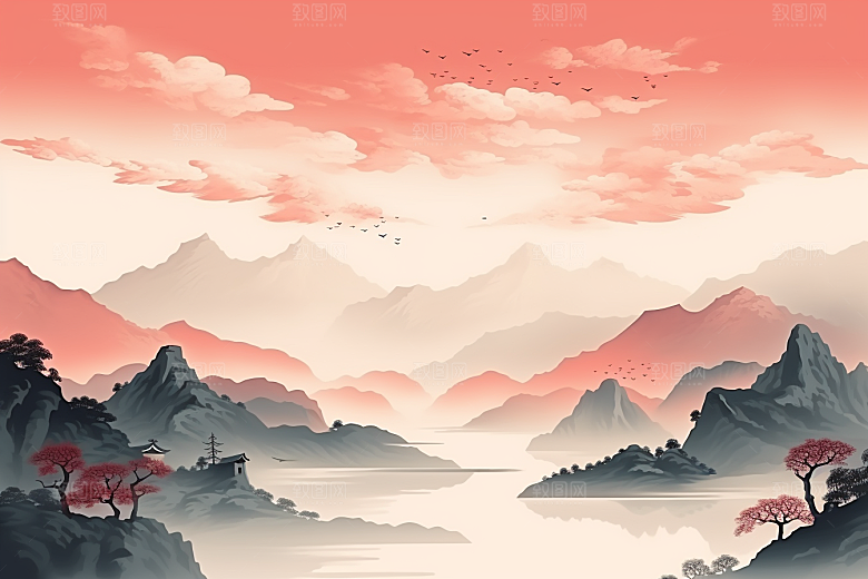 中国红山水手绘水墨插画