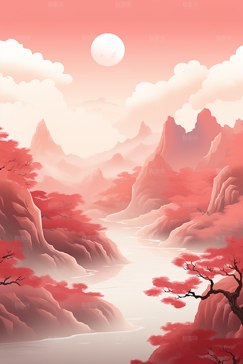 中国红山水新中式艺术插画