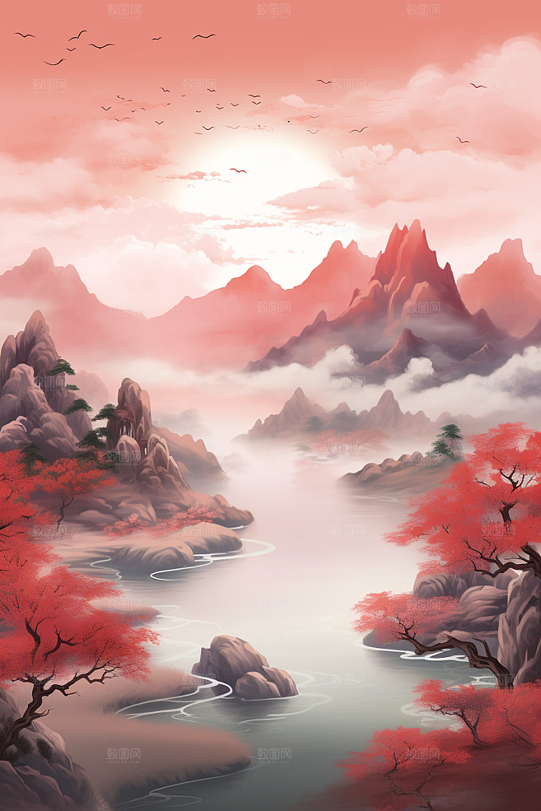 中国红山水红色手绘插画