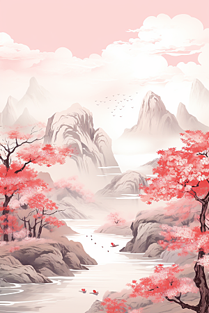 中国红山水红色国画插画