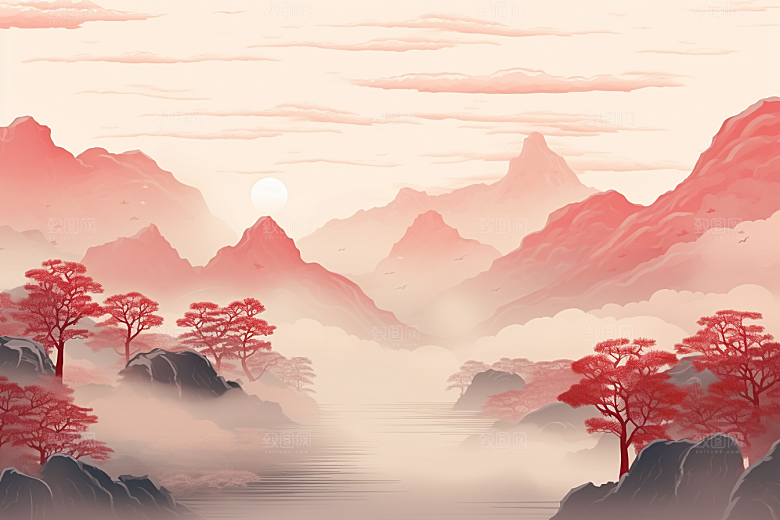中国红山水手绘水墨插画