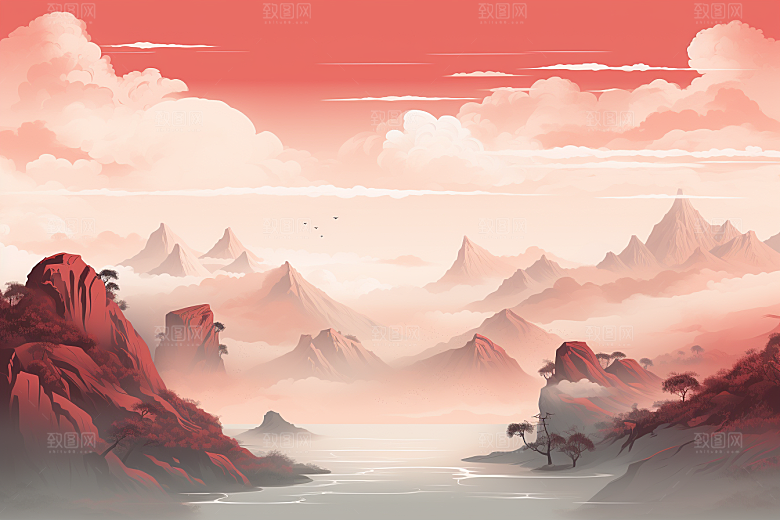 中国红山水风光水墨插画