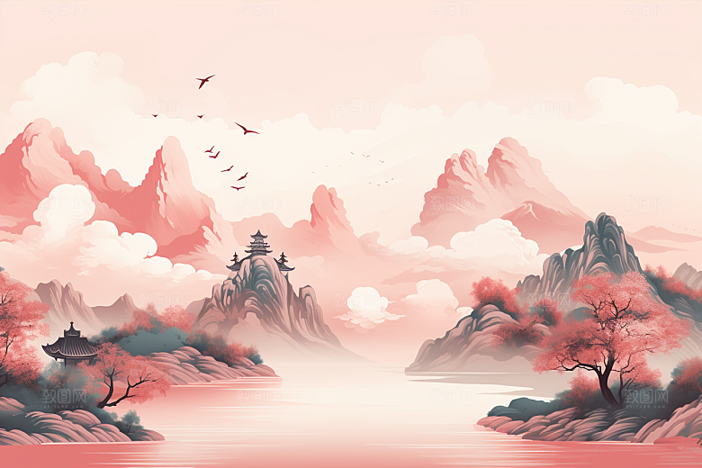 中国红山水新中式红色插画