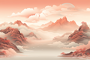 中国红山水艺术新中式插画