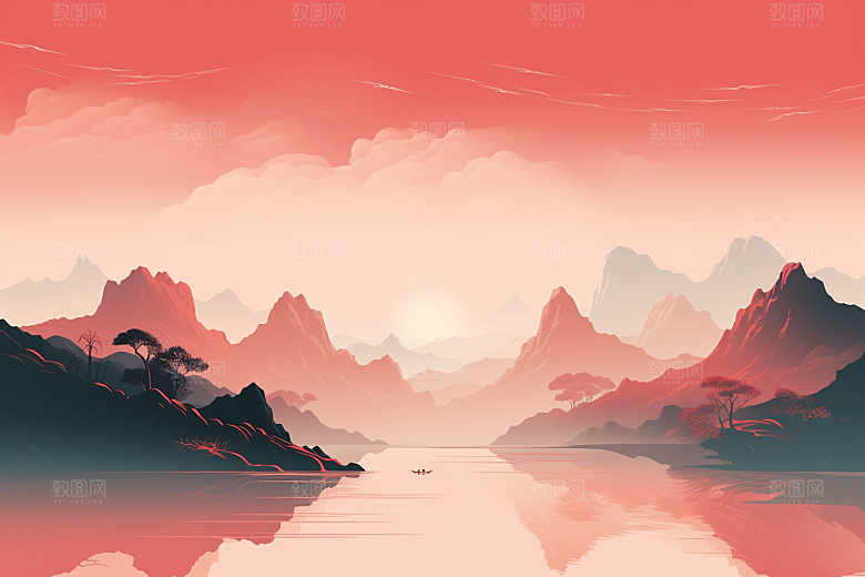 中国红山水手绘水墨插画