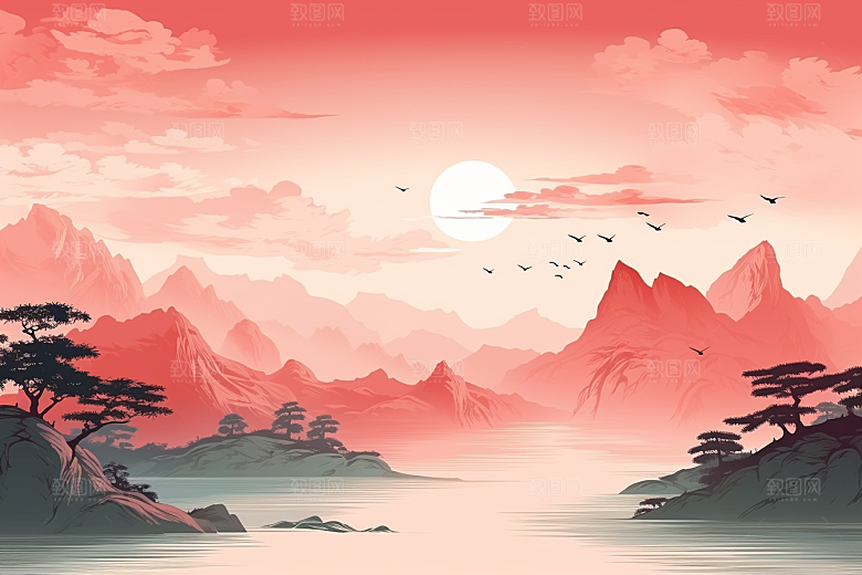 中国红山水红色新中式插画