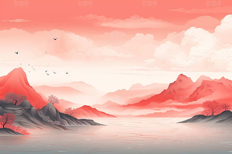 中国红山水手绘新中式插画