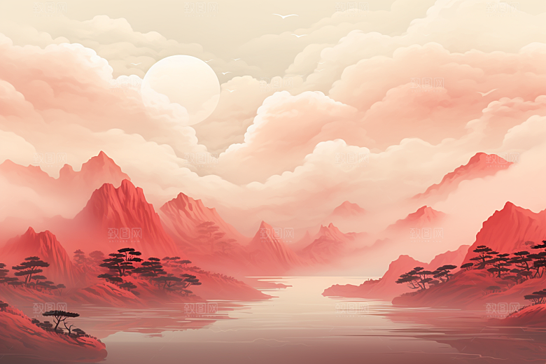 中国红山水艺术水墨插画