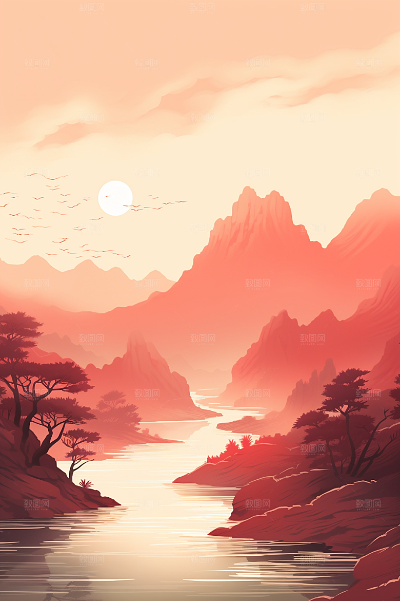 中国红山水水墨手绘插画