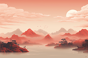 中国红山水红色水墨插画
