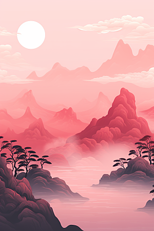 中国红山水红色国画插画