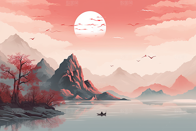中国红山水手绘风光插画