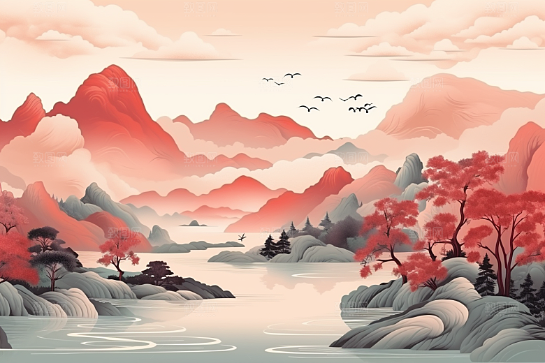 中国红山水风光水墨插画