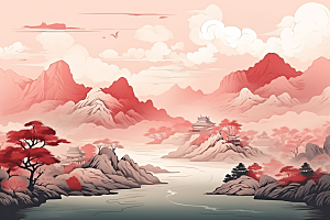 中国红山水水墨艺术插画