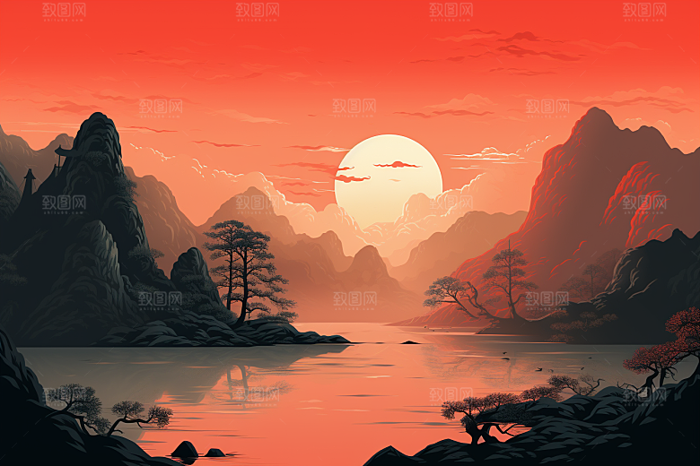 中国红山水新中式国画插画