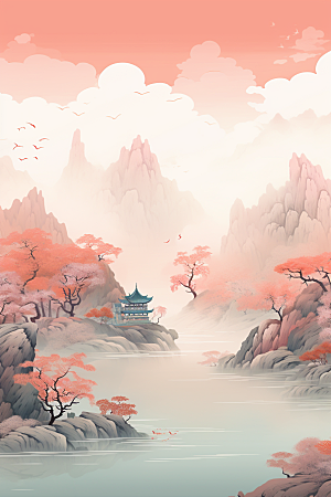 中国红山水国画手绘插画