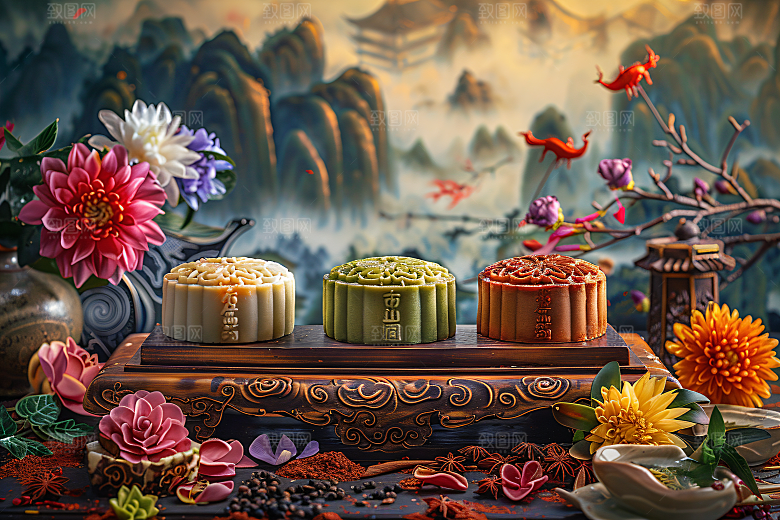 中秋月饼美味中秋节摄影图