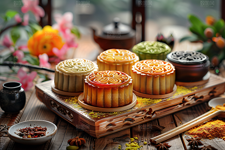 中秋月饼中秋节糕点摄影图