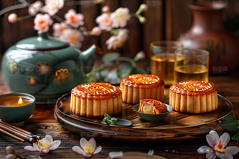 中秋月饼甜点中秋节摄影图