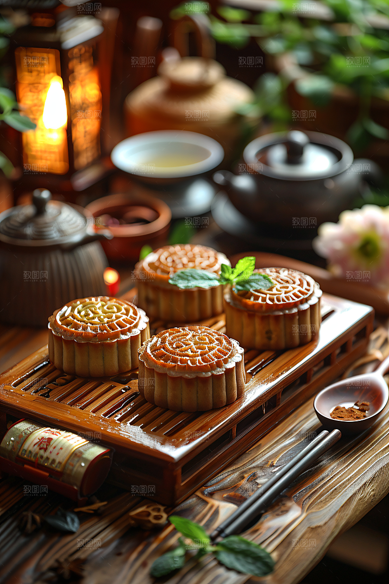 中秋月饼传统美食中秋节摄影图