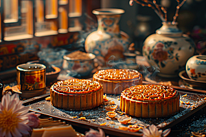 中秋月饼美味甜点摄影图