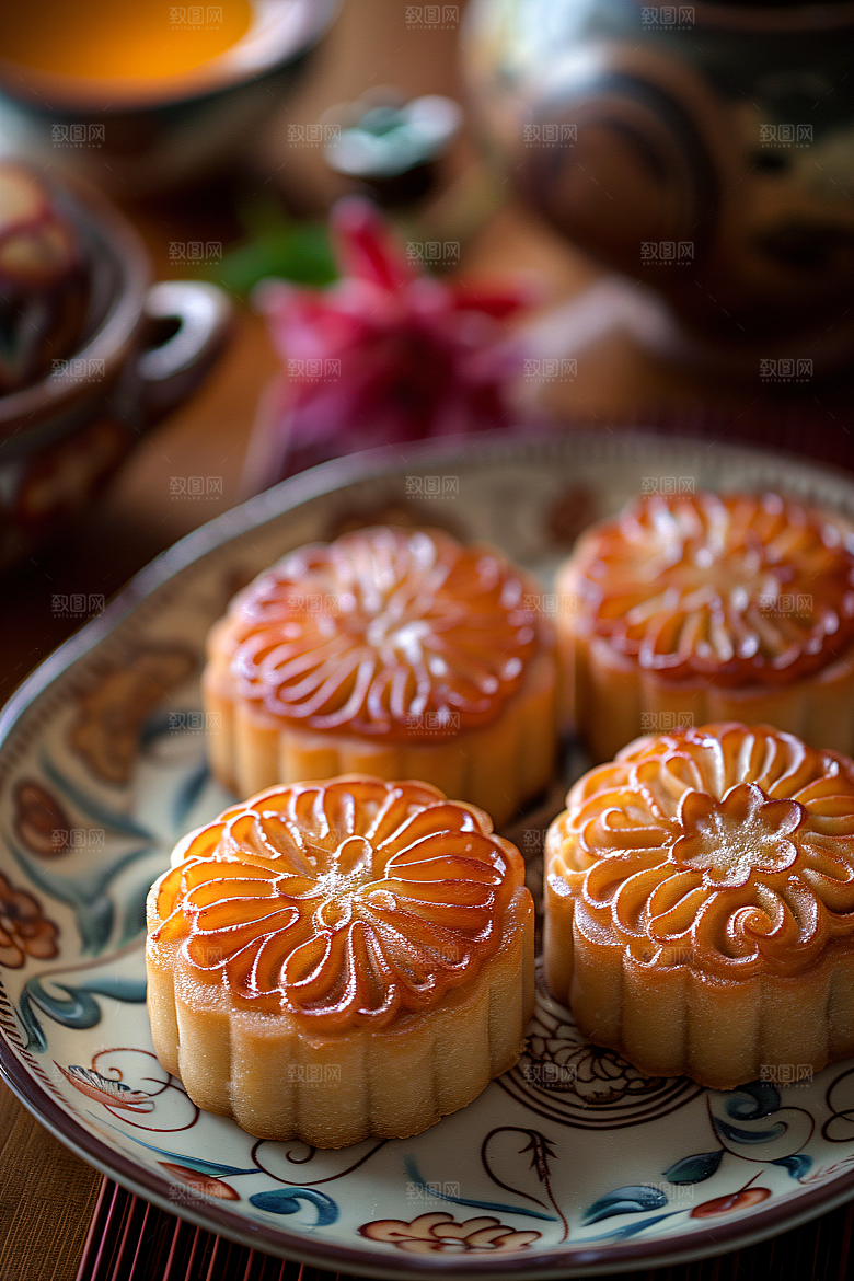 中秋月饼甜点莲蓉月饼摄影图
