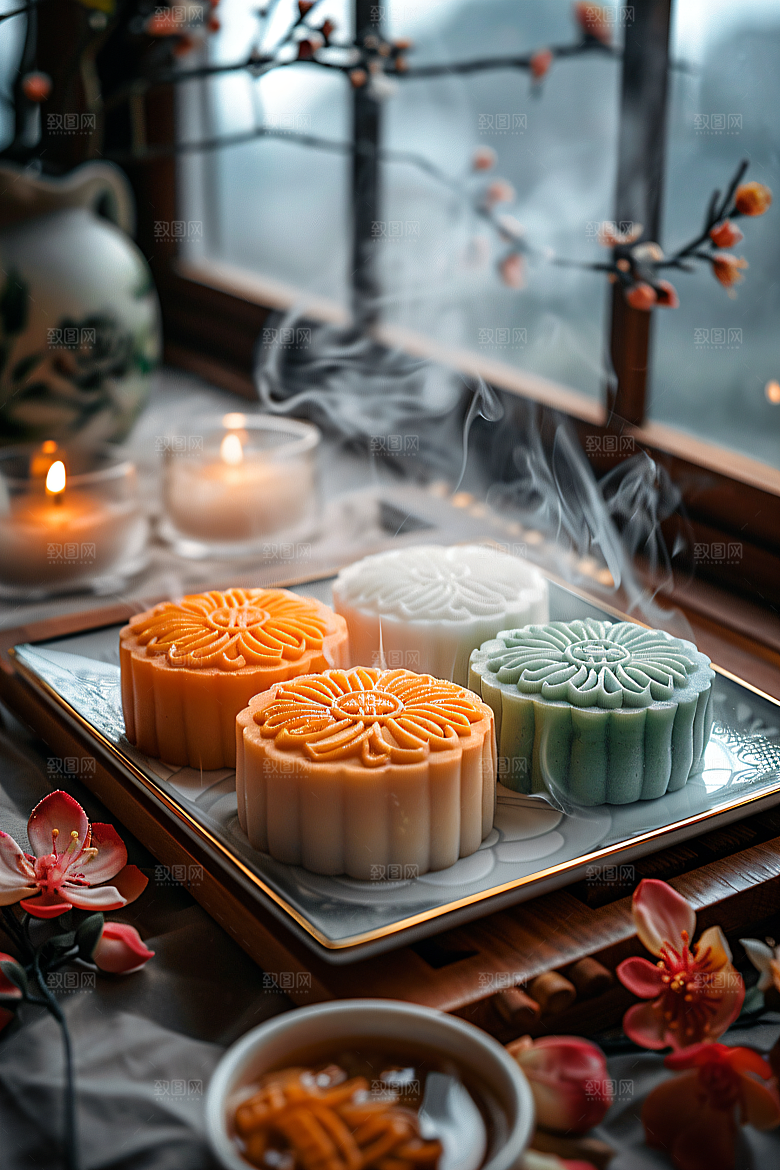 中秋月饼甜点莲蓉月饼摄影图