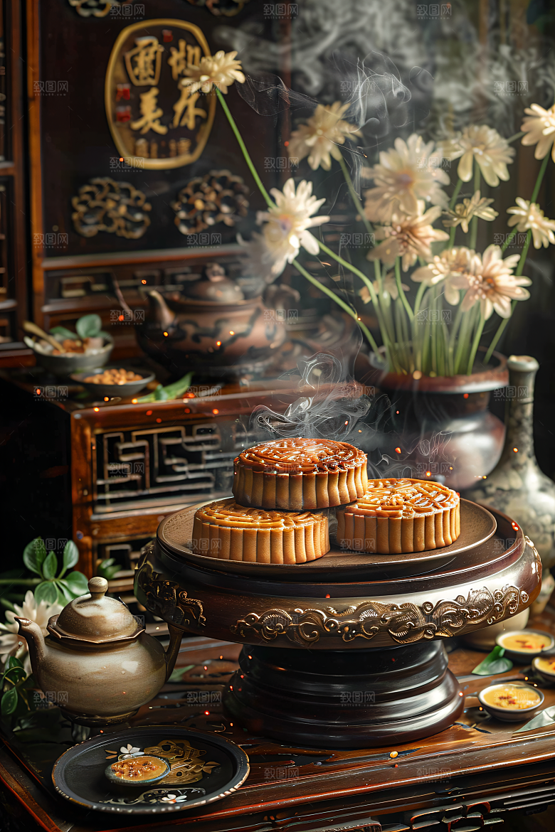 中秋月饼中秋节习俗摄影图
