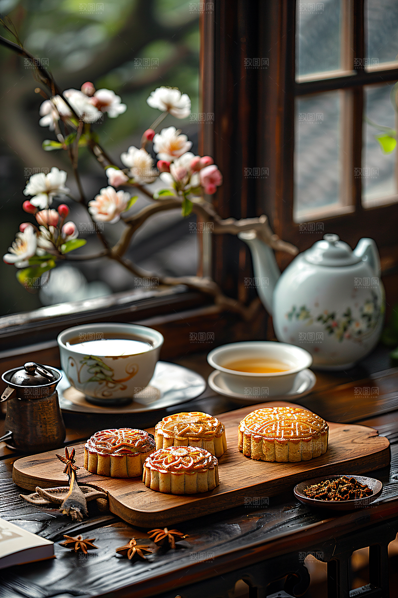 中秋月饼糕点传统美食摄影图