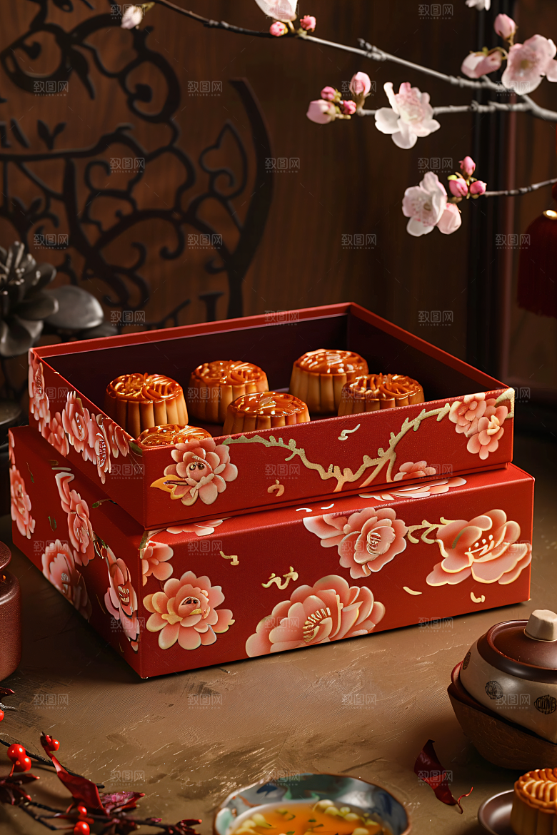 中秋月饼礼盒美味糕点摄影图