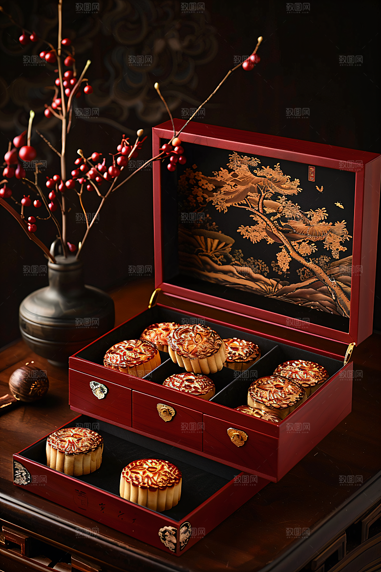 中秋月饼礼盒美食习俗摄影图