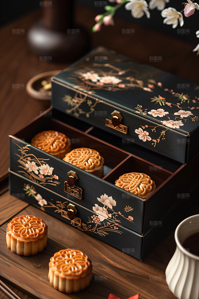 中秋月饼礼盒中秋节甜点摄影图