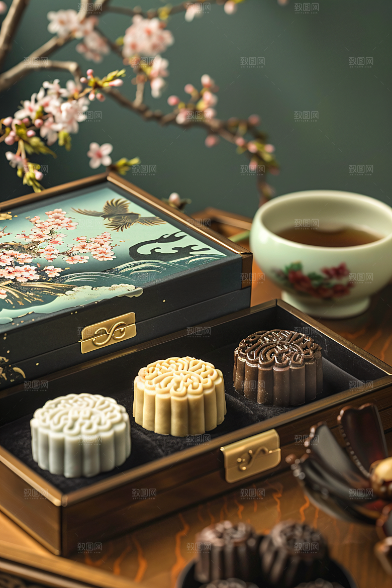 中秋月饼礼盒美味中秋节摄影图