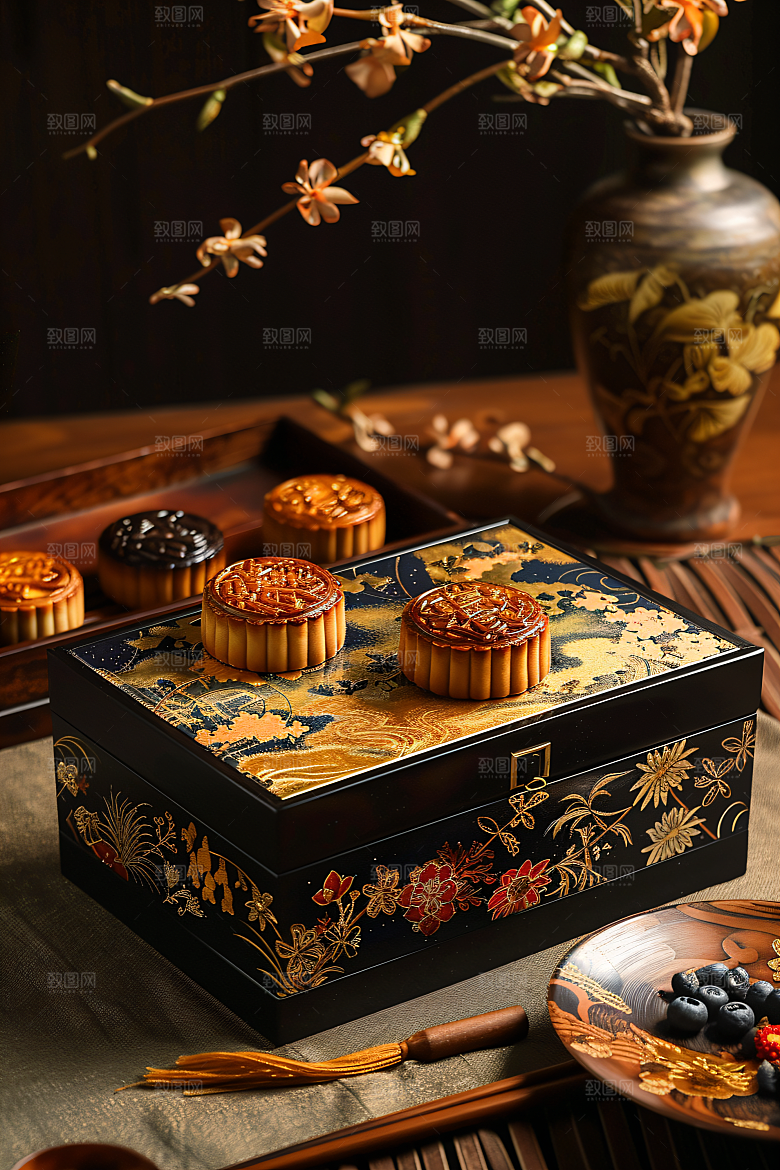 中秋月饼礼盒甜点传统节日摄影图